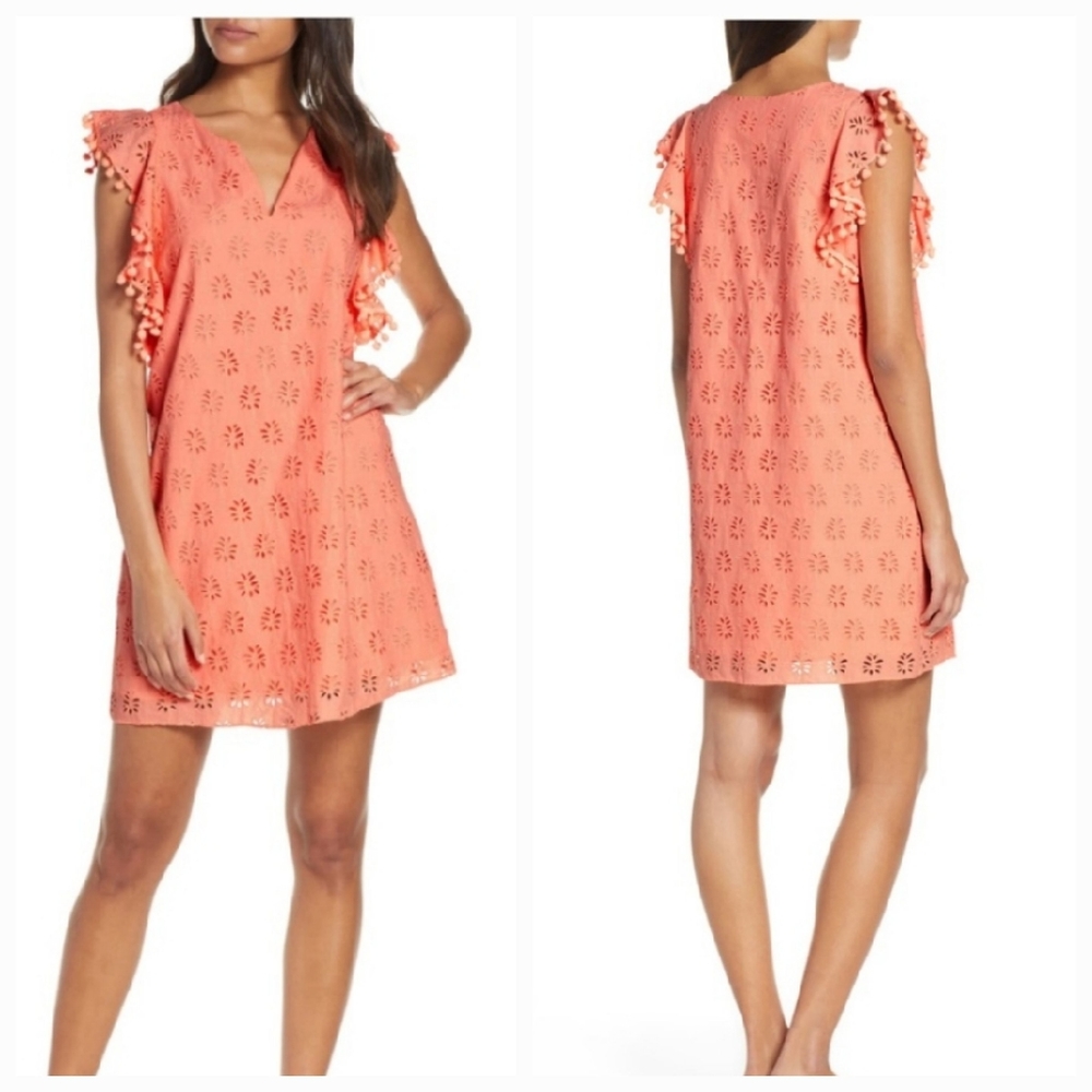 Lilly Pulitzer Astara Palm Eyelet Shift Dress  Peach Flamingo XXS